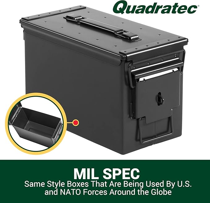 Quadratec 50 Cal Ammo Can, Black - Waterproof Ammo Box - Steel Ammo Storage Case - Fits Jeep Wrangler CJ YJ TJ JK JL & Gladiator JT - Overlanding, Tools, First Aid & Tow Recovery Gear Storage