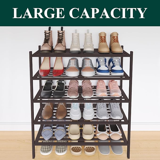 Smiry Bamboo Shoe Rack 5-Tier, Stackable Wooden Shoe Organizer for Entryway & Closet, Free Standing Wood Shoe Storage Shelf for Front Door & Small Spaces, Brown