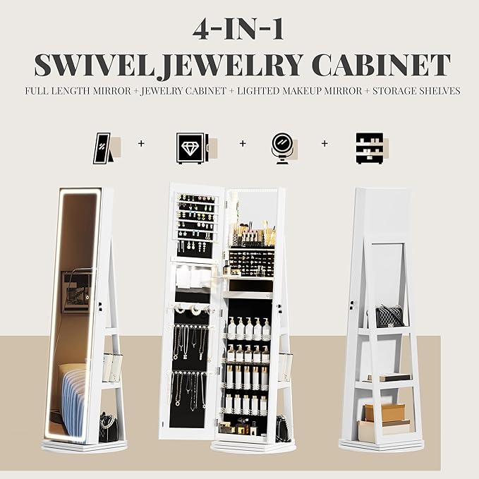 LED Mirror Jewelry Cabinet Standing, Swivel Jewelry Armoire with Full Length LED Mirror and Adjustable Lights, Lockable Standing Jewelry Storage Organizer, White