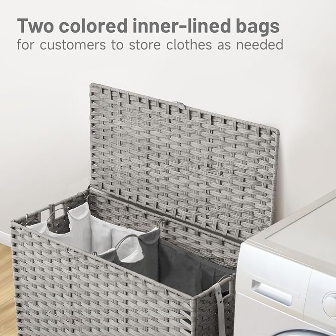 Laundry Hamper with Wheels, 34.3 Gallon(130L) Rolling Laundry Basket with Lid, Removable Large 2 Color Liners & 3 Mesh Laundry Bags, Clothes Hamper with Side Pocket, Grey