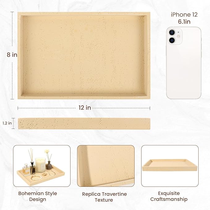 Artificial Travertine Tray, 12"x8" Perfume Tray for Bathroom Counter, Vanity, Home Organizer, Decorative Marble Trays for Perfume, Jewelry, Candles, Coffee, Rectangle, Yellow