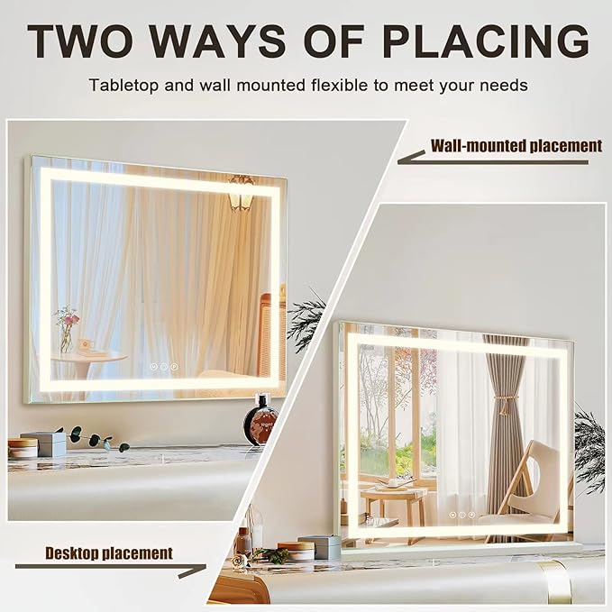 Sucedey Vanity Mirror with Lights, 23" x 18" Makeup Mirror, Hollywood Mirror with 3 Color Modes & Adjustable Brightness, Detachable 10x Zoom Mirror and USB Charging Design (White)