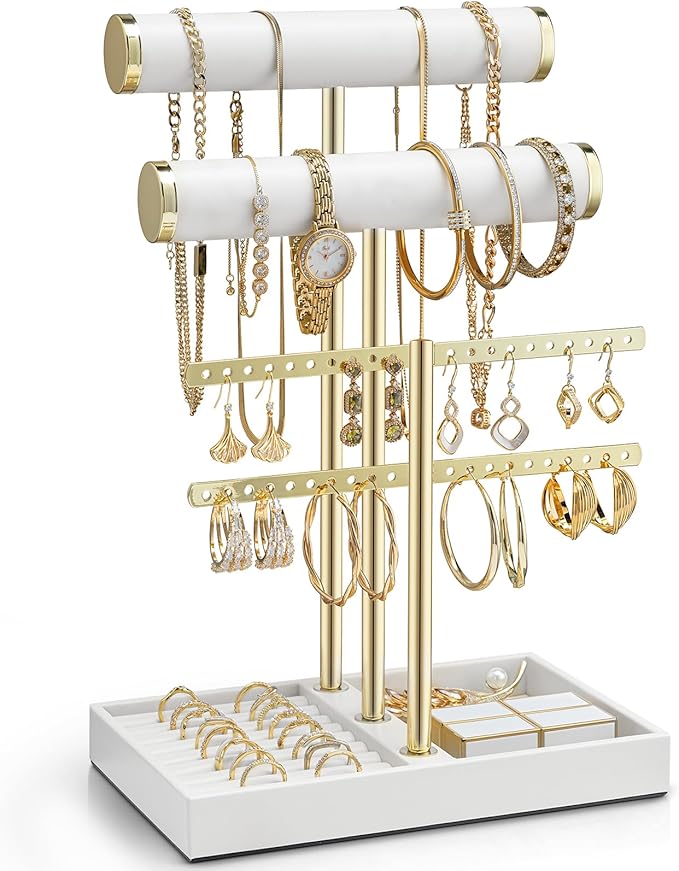 Vlando 3 Tier Necklace Holder Organizer with Tray, Leather Bracelet Holder Display for Women, Gold Jewelry Stand for Bracelet, Necklace, Earrings, Rings - White