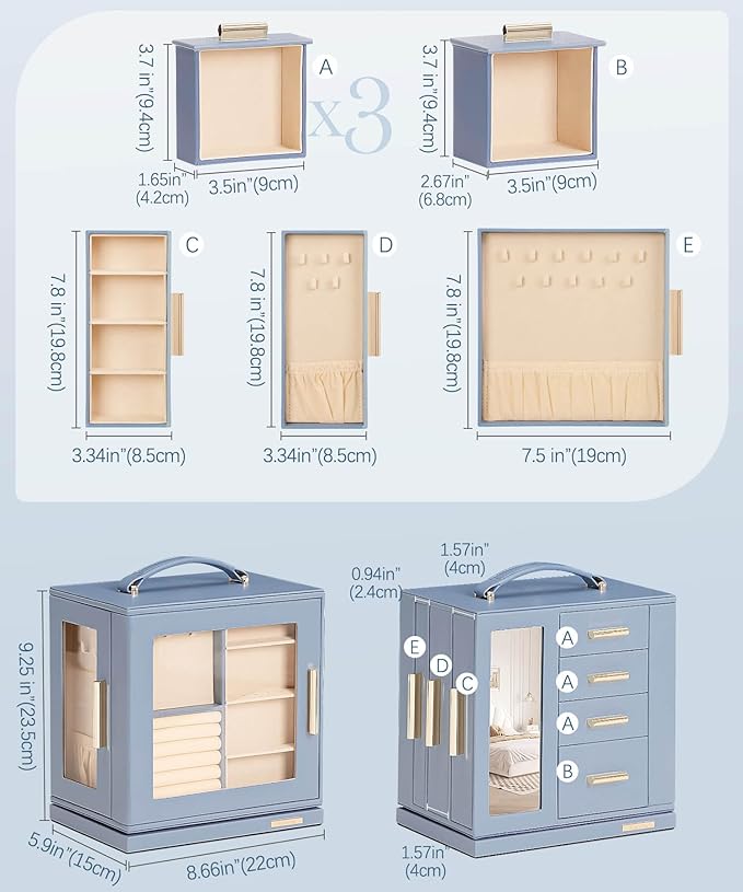 Homde Valentine's Day gifts Jewelry Box 360° Rotating, Necklace Earring Organizer with Transparent Window, Mirror, 7 Drawers, Large Ring Display Storage Case for Girls Women (Grey Blue)