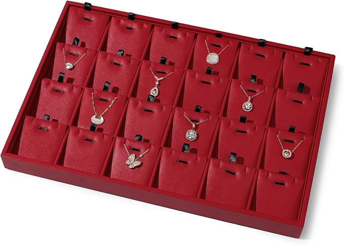 Red Leather Jewelry Tray Necklace Display Tray Jewelry Drawer Organizer Necklace Bracelet Holder Organizer Tray Stackable Jewelry Trays for Necklace Bracelet Pendant (Red