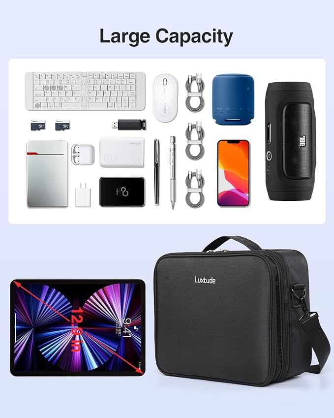 Luxtude Electronic Organizer Travel Case Large, Double Layer Tech Carrying Case, Home Electronics Bag Fits for iPad (Up to 12.9 in), Sturdy Storage for Camera