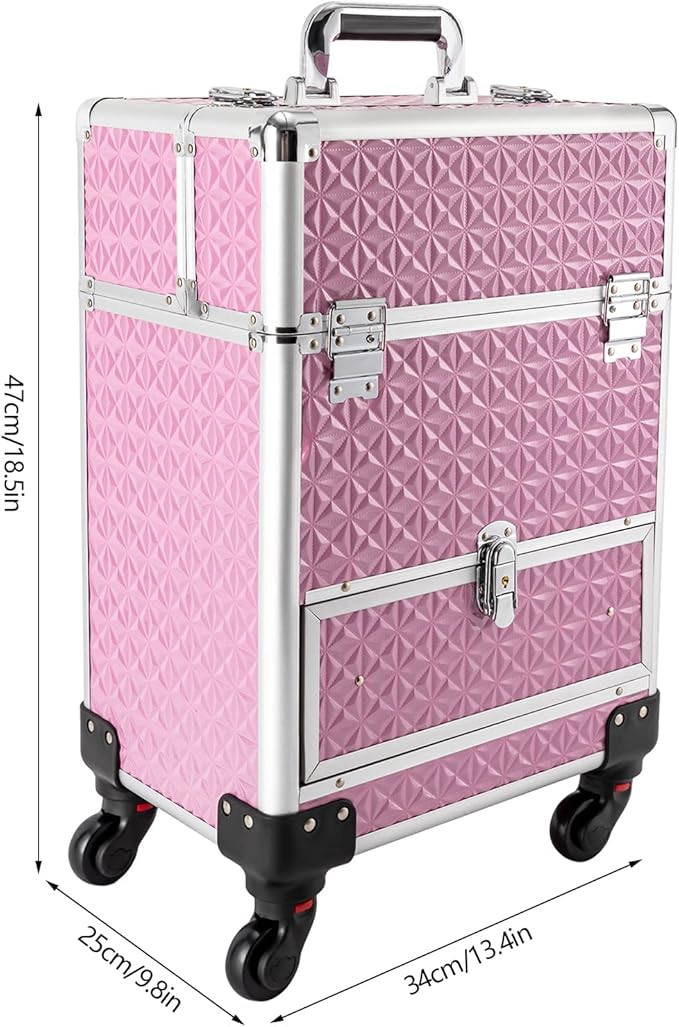 Makeup Rolling Case, Professional Rolling Nail Case Wheeled Manicure Storage Case Polish Organizer w/ Universal Wheels, Portable Adjustable Studio Travel Cart for Nail Technicians Hairstylist (Pink)