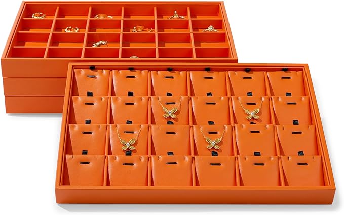 Orange Leather Necklace Tray Jewelry Display Tray 24 Grids Necklace Display Trays Necklace Storage for Drawers With Removable Jewellery Cards Necklace Pendant Tray