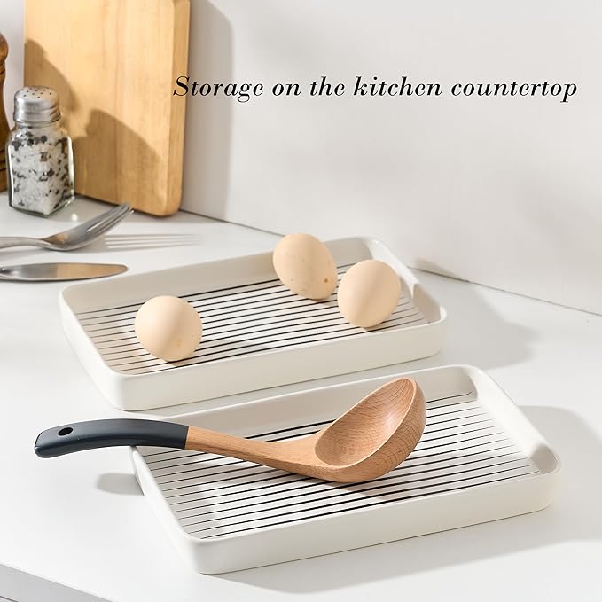 10"×6"×1" White Bathroom Vanity Tray for Countertop- Ceramic Decorative Organizer Tray for Dresser Tops, Toilet, Perfume, Sponge Holder Soap Dish Dispenser for Kitchen Counter- Black Stripes