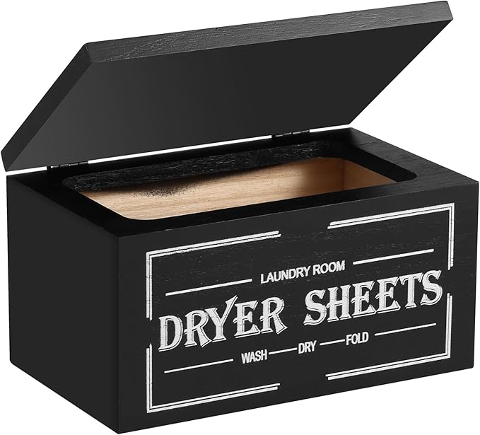 Dryer Sheet Holder with Lid, Wooden Laundry Room Organization and Storage, Large Capacity Softener Sheets Dispenser, Fabric Softener Container for Laundry Room Bathroom (Black)