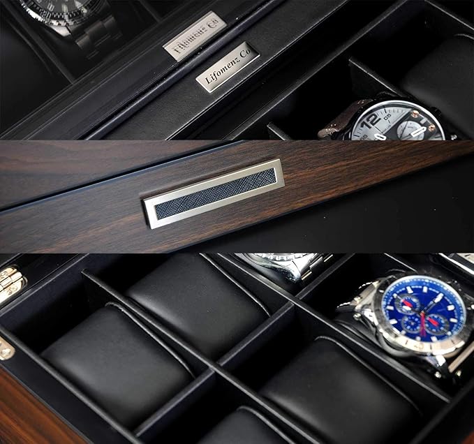 12 Slot Wooden Watch Box - Premium Walnut Men's Watch Display Case with Valet Drawer, Real Glass Window & Luxury Leather Interior