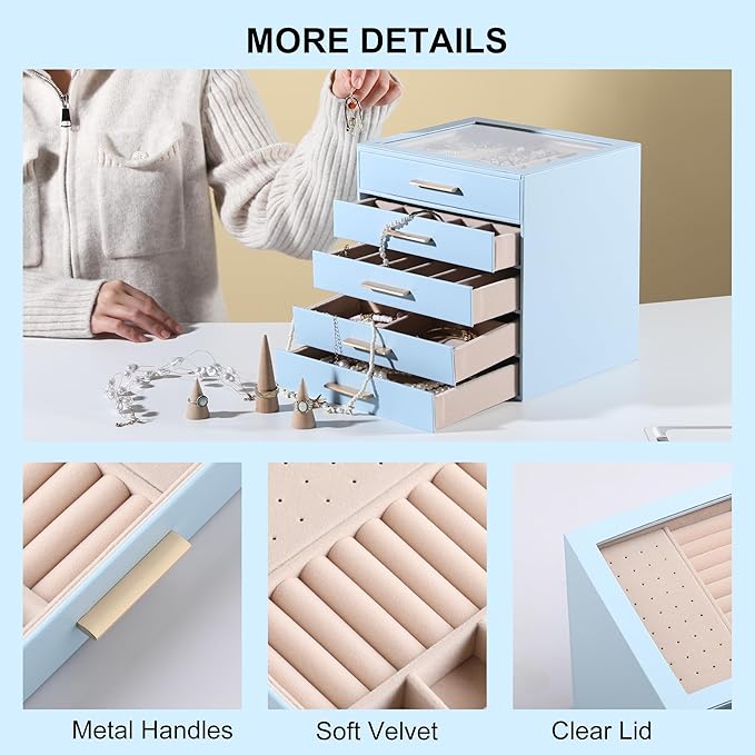 Frebeauty Clear Lid Jewelry Box,5-Layer Jewelry Organizer with Drawer,PU Leather Jewelry Organizers and Storage,Jewelry Boxes for Women,Jewelry Storage for Rings Earring Stud,Gift for Women(Sky Blue)