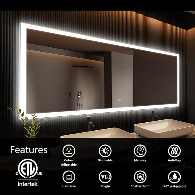 APRILSOUL 72x30 Inch LED Mirror for Bathroom, Led Vanity Mirror with Front and Backlit, 3 Color Lights, Memory Function, Anti-Fog and Dimmable Light (Horizontal/Vertical)