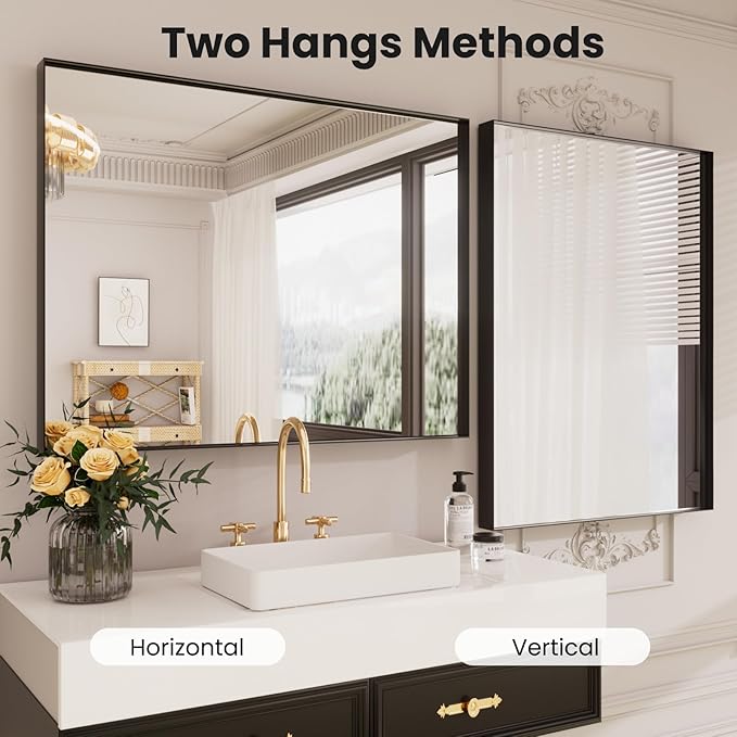 LOAAO Black Bathroom Mirror 28"X36" for Wall, Rectangle Bathroom Vanity Mirror, Hangs Vertically or Horizontally, Easy to Install, Modern Design