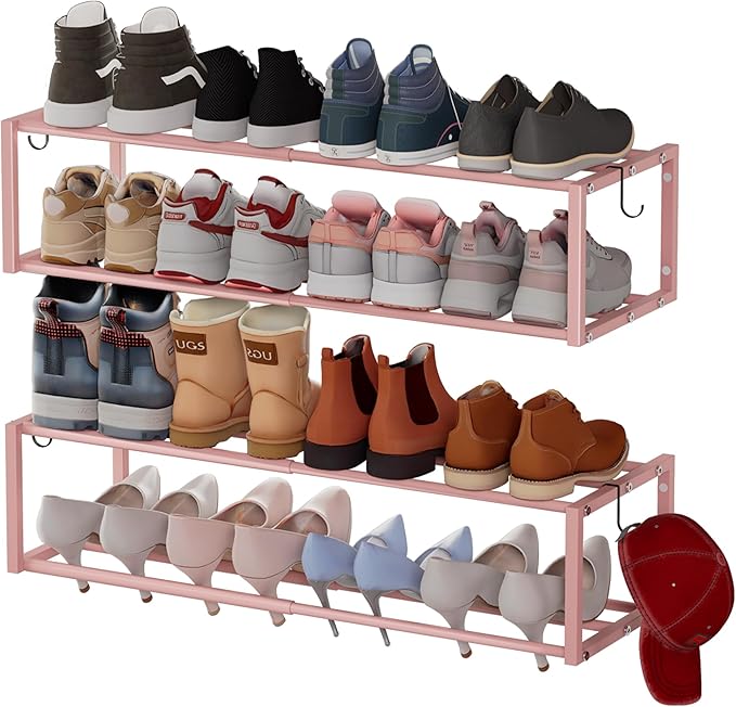 2 Pack Expandable Wall Mounted Shoe Rack, 17"-31" Adjustable Hanging Shoe Rack Holds 16 Pairs, Heavy Duty Metal Shoe Holder with 4 Storage Hooks, Space Saving for Entryway Closet Doorway（Pink）