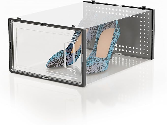 12 Pack X Large Shoe Storage Organizer for Closet, Modular Space Saving Shoe Boxes Clear Plastic Stackable Containers Display Case Bins with Lids, Black