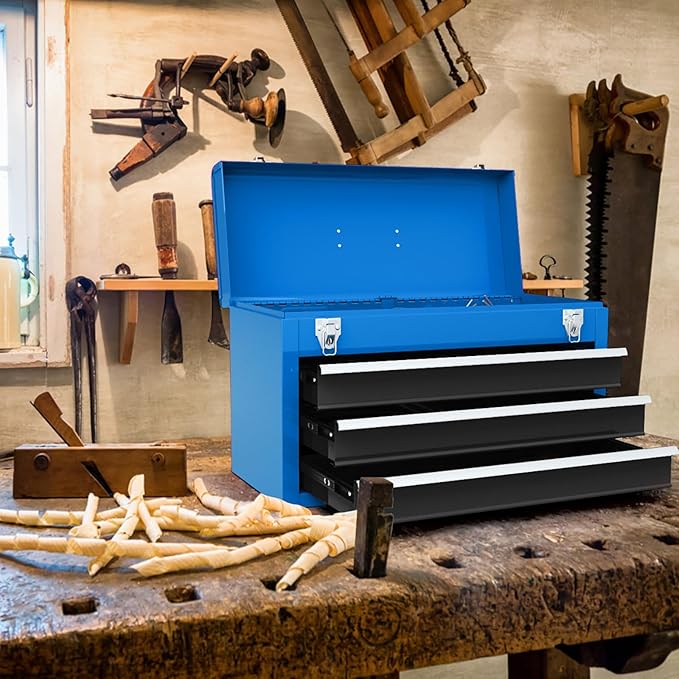 IRONMAX Portable Tool Box, 20.5’’ Lockable Steel Tool Chest Cabinet w/Comfortable Handle & 3 Drawers, Heavy Duty Storage Toolbox Tool Organizer for Garage, Warehouse, Home (Blue)