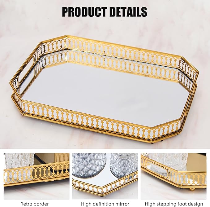 Vintage Gold Mirror Tray, Modern Luxury Perfume Decorative Tray with Hollow Design, Elegant Glass Display Storage Organizer, Rectangle 7.1"x11.4", for Coffee Table, Entryway, Bathroom