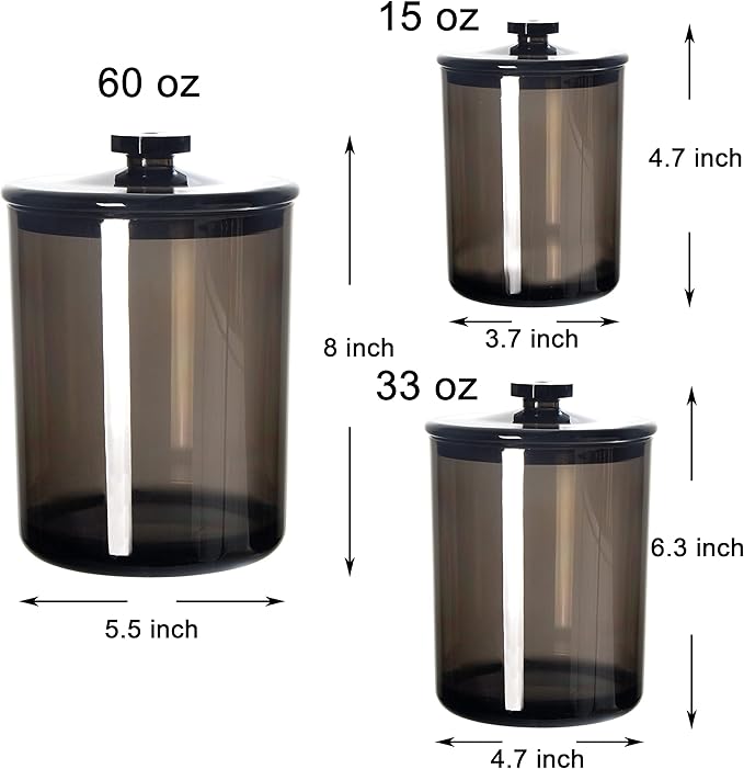 Youngever Black Plastic Apothecary Jars, Qtip Holder, Cotton Swab Holder, Bathroom Vanity Organizer for Cotton Balls, Cotton Pads, Qtips (3 Sets)