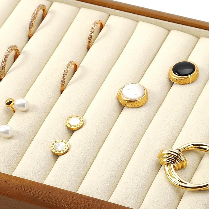 Solid Wood Jewelry Ring Display Tray Jewelry Drawer Organizer Showcase Display Organizer Tray for Rings Stud Earrings(Beige)