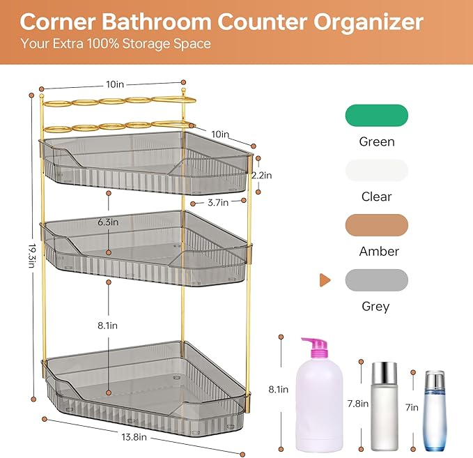 Corner Bathroom Counter Organizer with Makeup Brush Holder & Toothbrush Holders, Makeup Organizer for Vanity Countertop, Acrylic Skincare Storage Shelf (Grey, 3-Tier)