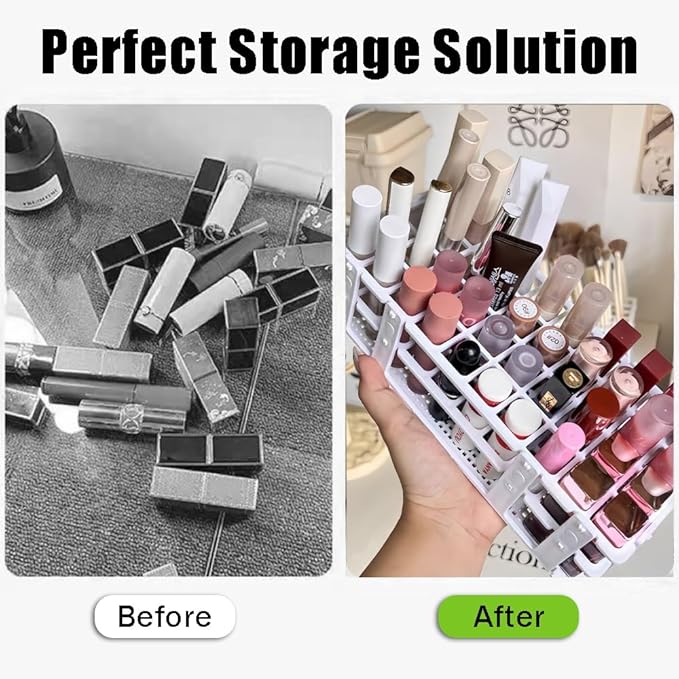 Makeup Storage Organizer Rack,Lipstick Lipgloss Display Organizer,Detachable Makeup Brush Air Drying Rack,Perfect Storage Solution for Drawer and Vanity,0.9"+0.66" (24-hole + 60-hole)