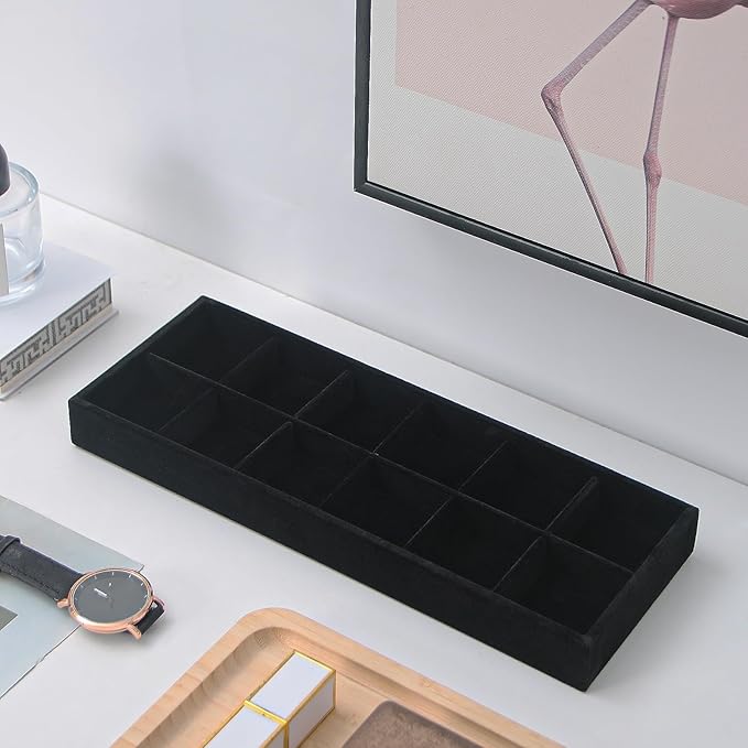 2Pcs Desk Drawer Storage Tray, Nightstand Organizer Tray, Necklace Bracelet Ring Earring Jewelry Display Tray, Grid Table Organizer Holder Tray for Sunglass, Phone, Watch, Perfume (12 grid)/Black