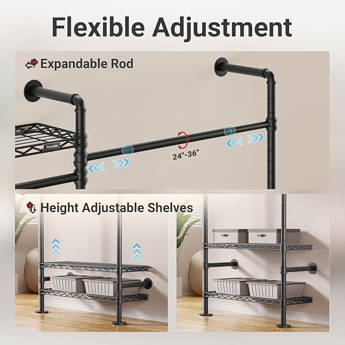 Timate F2 Pro Expandable Wall Mounted Clothes Rack Industrial Pipe Clothing Rack for Hanging Clothes, Heavy Duty Clothes Rack with Shelves, Garment Rack Wall Closet System, Black Pipe Closet Kit