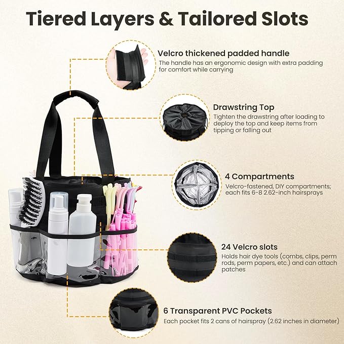 Hairstylist Travel Bag, with Dust Cover, 11L Large Capacity, Heat-Resistant Interior, Clear Pockets, DIY Velcro Straps, Top Drawstring, Bathroom Cleaning/Pet Grooming Supplies Organizer