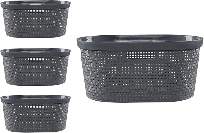 Vababa 4 Pack 40 Liter Plastic Laundry Basket with Cut-Out Handles, Gray