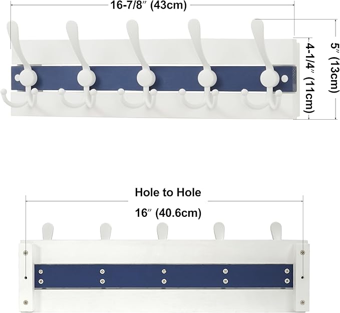 SKOLOO Coastal Wall Mounted Coat Rack - 16-7/8" Beach House Entryway Wooden Coat Hook with 5 Hooks for Hanging Coats, Hats or Towels, Oceanfront Cottage Core Collection, White & Blue, Pack of 2
