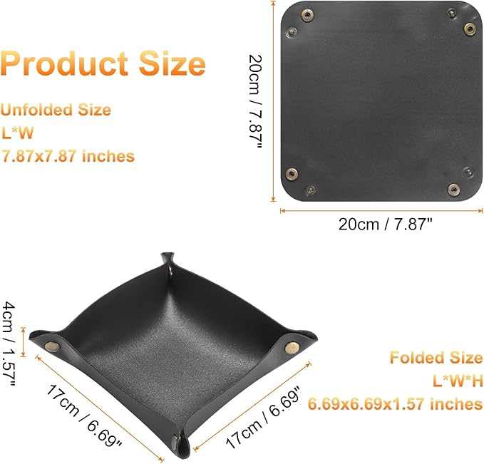 HARFINGTON 4pcs PU Leather Valet Tray Unisex Folding Small Catchall Tray Portable Entryway Table Tray Nightstand Bedside Desk Tray for Key Wallet Watch Coin Jewelry Dice, Black