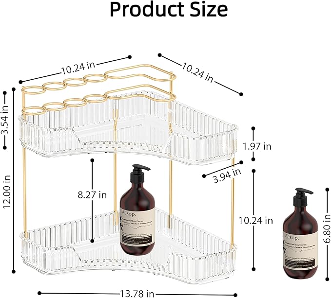 Makeup Organizer Countertop 2 Tier, Corner Bathroom Countertop Organizer with Toothbrush and Makeup Brush Holder, Corner Vanity Tray for Skincare Organization