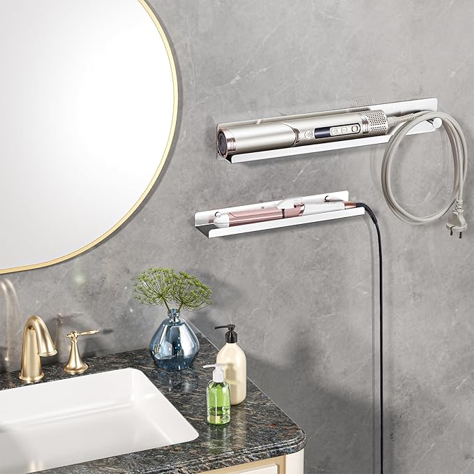 Curling Iron Holder Wall Mount, Flat Iron and Hair Straightener Holder, Stainless Steel Hair Tool Organizer for Hair Dryer Brush and Hots Tool Accessories, Hair Tool Holder for Bathroom, Silver