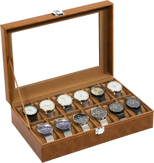 Uten 12-Slot Watch Box, PU Leather Watch Case with Glass Lid, Watch Holder Organizer with Soft Pillow and Velvet Lining, Watch and Jewelry Storage Box, Brown