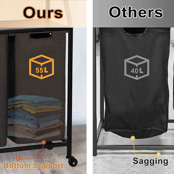 Laundry Hamper, Laundry Sorter 3 Section, Rolling Laundry Basket with Wheels, 2 Shelves, 3 × 14.5 Gal, Pull-Out and Removable Oxford Fabric Bags, for Laundry Room, Black and Rustic Brown