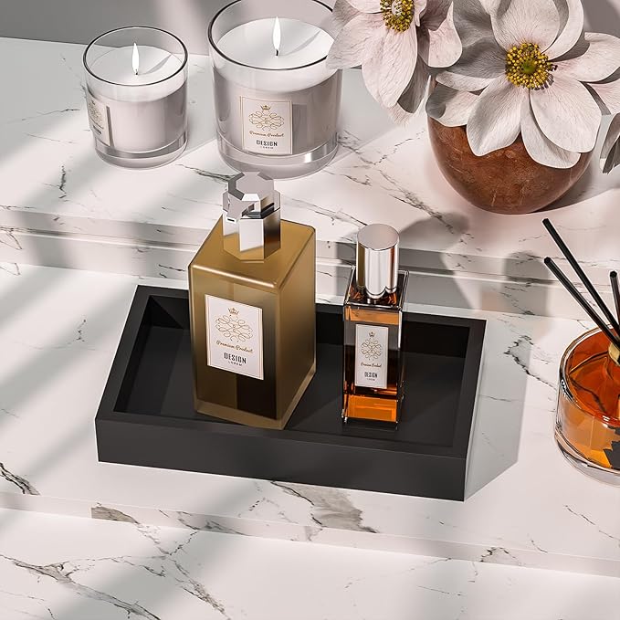 ZHWS Small Bathroom Vanity Tray for Countertop Makeup Perfume Decor Candle Jewelry, Small Kitchen Tray for Soap Dispenser Spice Sponge Holder Black Toilet Tray 7.9”L x 4.4”W x 1.14”H