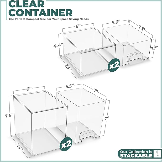 Sorbus Stackable Acrylic Storage Drawers, 4 Pack Clear Plastic Organizer Bins for Baby Bottles, Makeup, Bathroom, Vanity & Countertop Organization, Pull-Out Drawer Design for Cabinets & Pantry