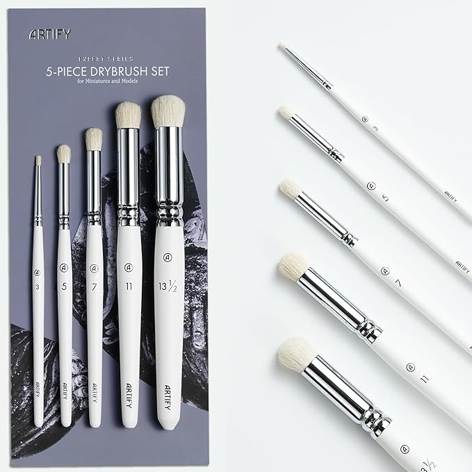 ARTIFY Drybrush Set of 5 Sizes: Expert Series Dry Brush for Effortless Miniature, Model, Ceramics Painting - Hobby Detail Small Acrylic Oil Paint Brushes for Tabletop & Wargames Miniatures