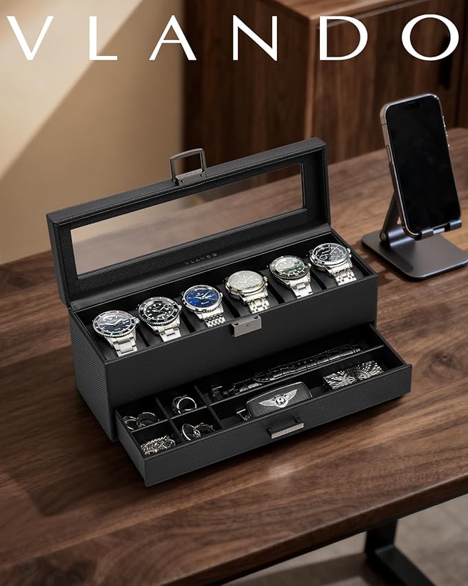 Vlando 6 Slots 2 Layers Watch Case for Men, Watch Box with Glass Lid, Lockable Watch Holder, Business Textured Leather Organizer Display Case, Soft Pillow, Gifts for Fathers, Dad, Husband - Black