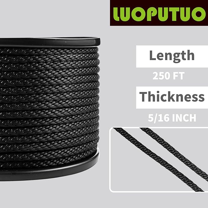 5/16 Inch 250FT Black Polyester Solid Braid Rope | High UV & Abrasion Resistance | Industrial Grade, Low Stretch | Multipurpose for Flag Poles, Clotheslines