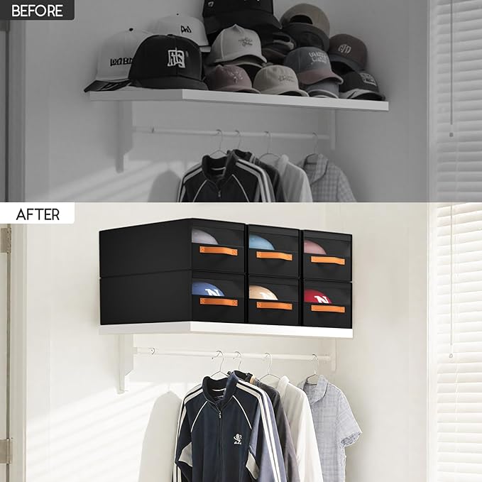 Hat Organizer for Baseball Caps - 3 Pack Pull-Out Drawer Hat Storage Organizer Box with Clear Window, Stackable Closet Cap Holder, Baseball Cap Organizer for Closet, Bedroom, Home, Black