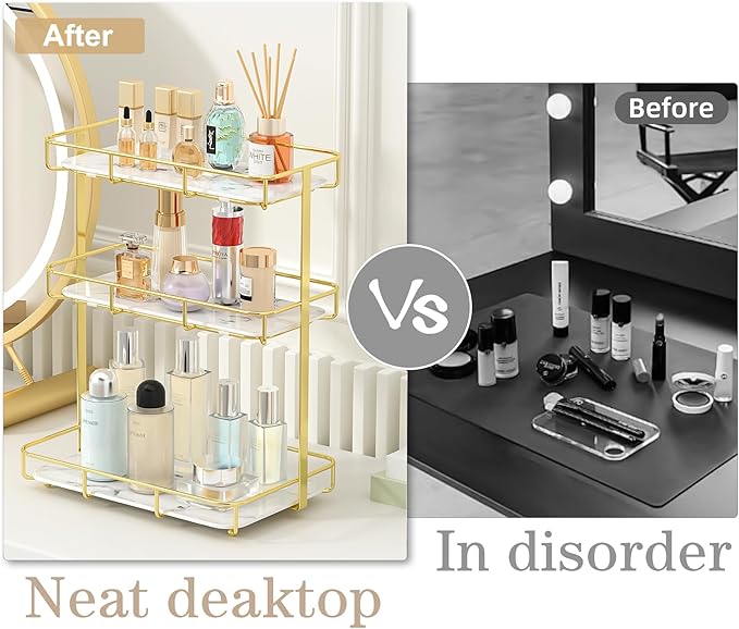 Bathroom Organizer Countertop Perfume Organizer Makeup Organizer Cosmetics Storage Display Rack Vanity Tray Dresser Stainless Steel Gold Shelf White Marble Ceramic Tray