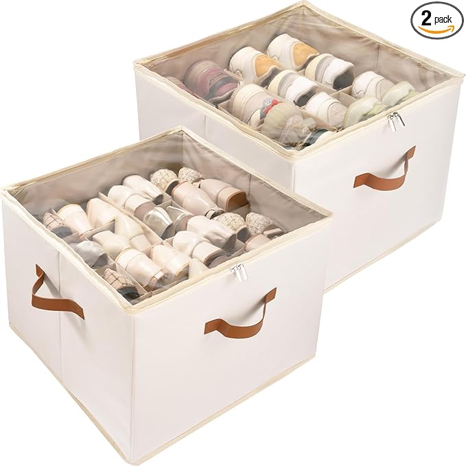 2-Pack Shoe Storage Organizer for Closet - Large Capacity Fits 16-32 Pairs, Clear Cover with Reinforced Handles, Adjustable Dividers, Dustproof Stackable Containers, Beige