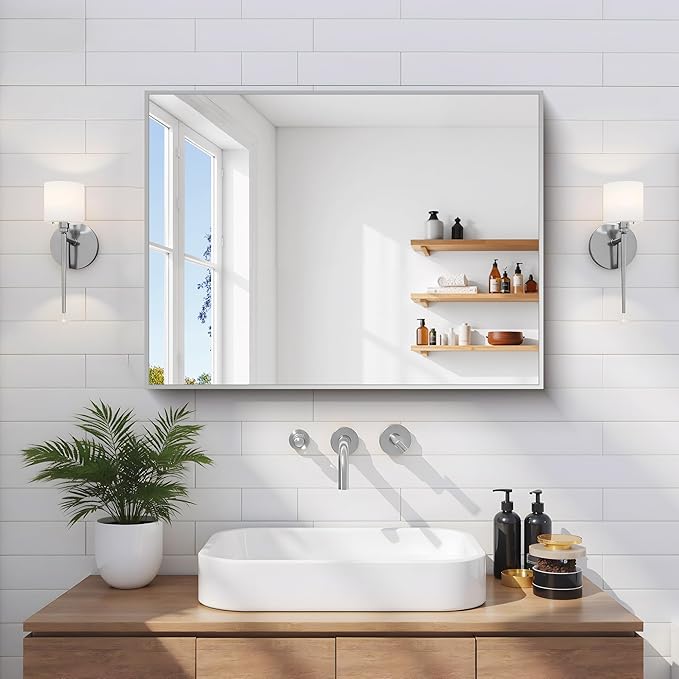 Silver Bathroom Mirror for Wall, 18x24 Inch Rectangle Mirror with Metal Frame, Modern Vanity Mirrors for Bathroom Living Room, Entryway Hangs Horizontal or Vertical