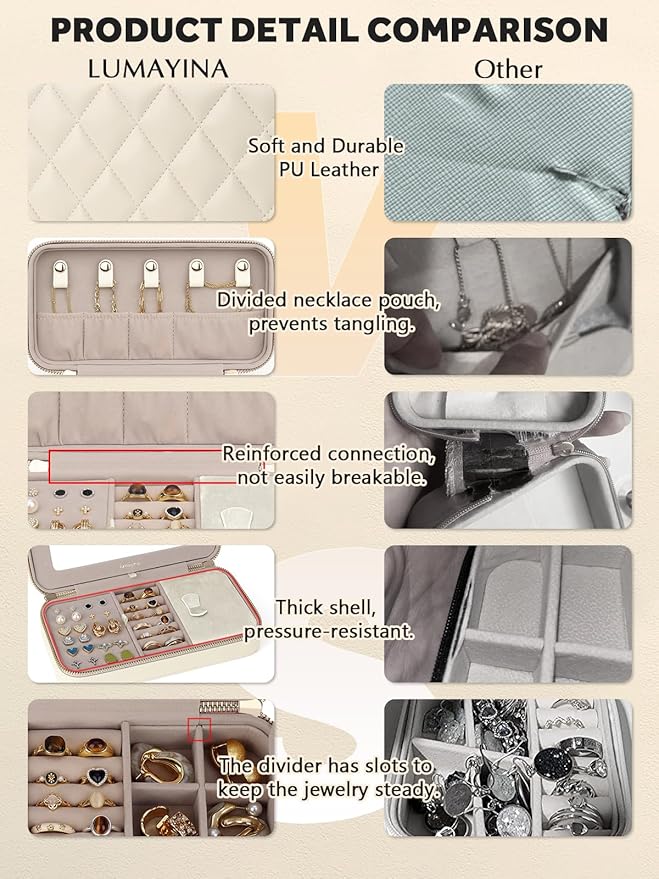 Travel Jewelry Case with Mirror, Quilted Small Jewelry Box Organizer for Women Girls, Portable Earring Necklace Bracelet Ring Holder Storage for Travel, Gifts for Her (Beige)
