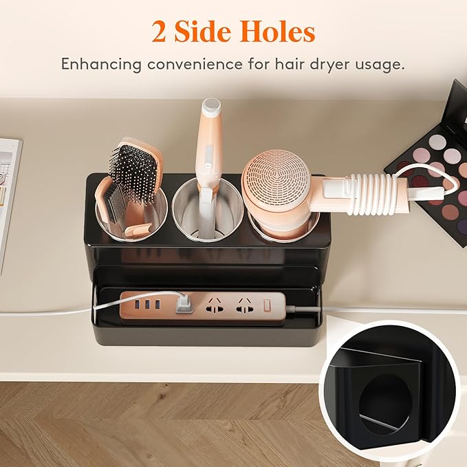 Lifewit Hair Tool Organizer Countertop, Removable Blow Dryer Holder for Bathroom, Acrylic Hot Tools Organizer Storage for Curling Iron, Brush, Straightener, 3 Stainless Cups, Black, 30 cm/12 inch(L)