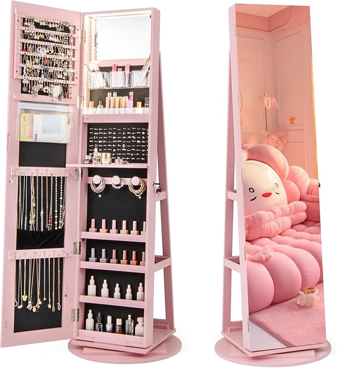 CHARMAID 360° Swivel Jewelry Armoire with Full Length Mirror, Rear Storage Shelves, Lockable Standing Jewelry Cabinet Organizer with Interior Vanity Mirror and 3-Color Lights (Pink)