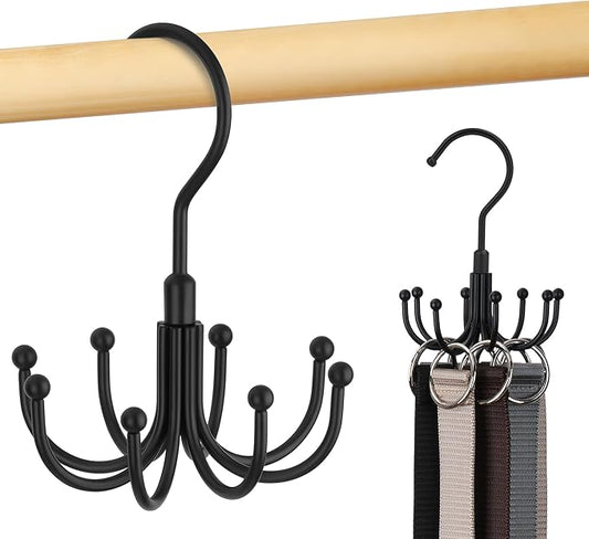 Belt Hanger, Rotatable Belt Organizer for Closet, Accessories Rack, Space Saving Hanging Holder Storage Hook for Belt, Tie, Scarf, Purse, Bra, Tank Top, Black