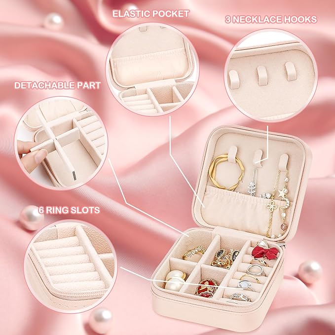 Leezmark 8 Pcs Jewelry Travel Case, Bridesmaid Gifts Set Of 8, Velvet Portable Jewelry Travel Organizer Small Bridesmaid Proposal Gifts Box Mini Organizer Storage Box, Light Pink